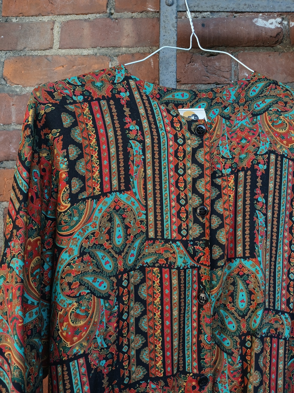 Bohemian Paisley Button-Front Blouse in Black, Teal & Rust